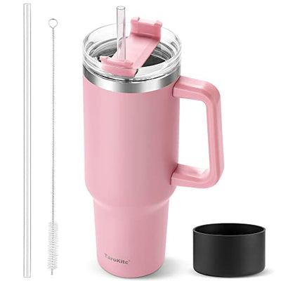 TaroKite 40oz Insulated Tumbler with Handle, Straw & Lid – Pink Stainless Steel Travel Mug